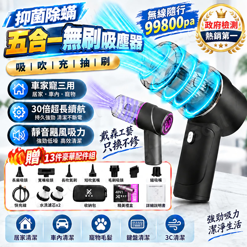 隔日達🥇政府檢測【德國五合一🔥無刷暴力吸塵器】無線吸塵器 大吸力車家兩用 手持吸塵器 小型吸塵器 桌面吸
