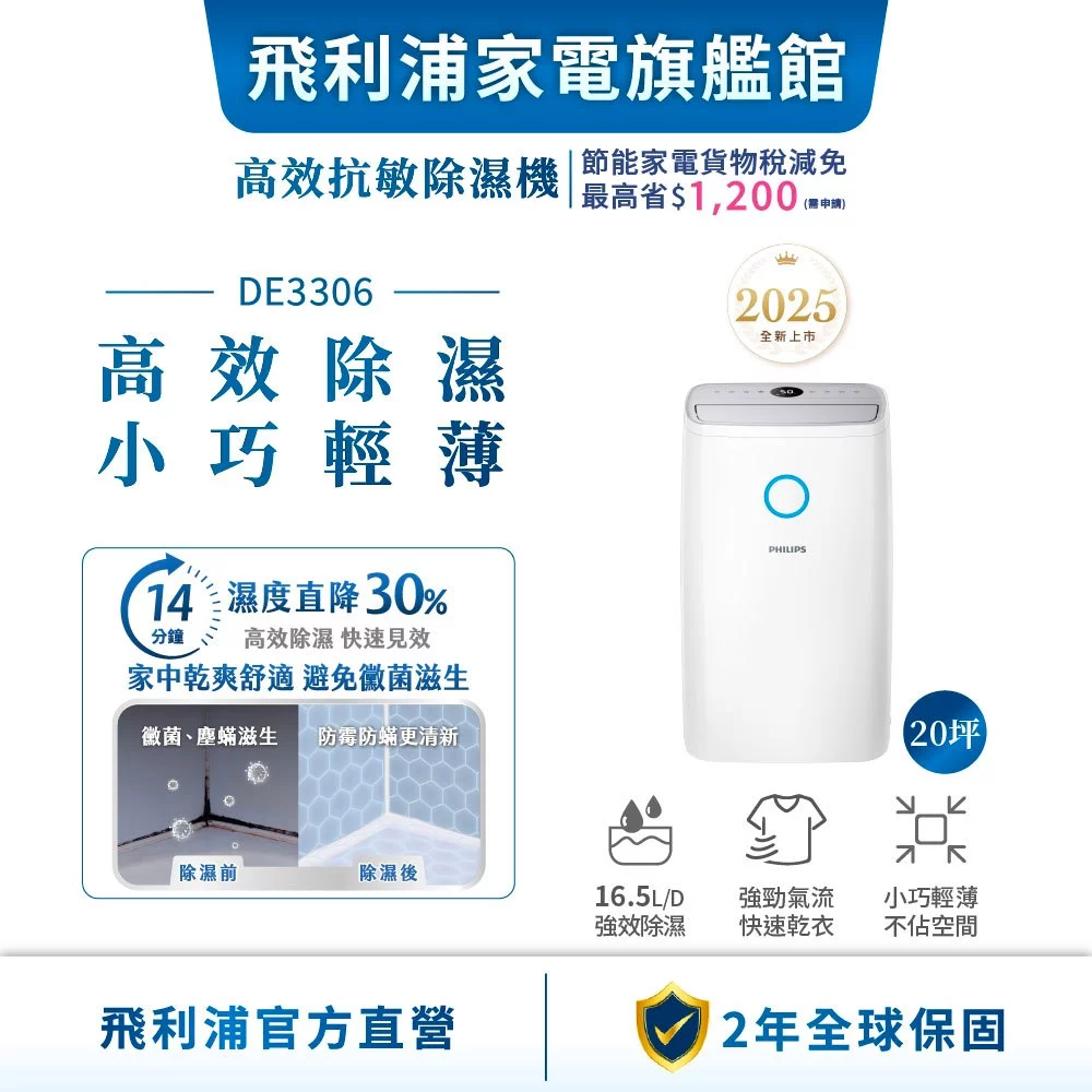 PHILIPS 飛利浦 DE3306 新一級能效16.5公升除濕機